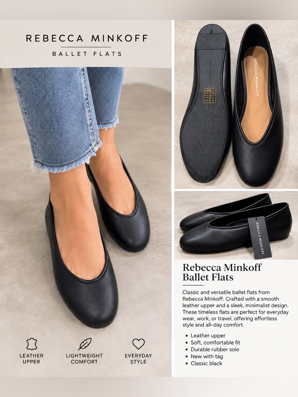 Rebecca Minkoff Classic Black Leather Ballet Flats, Women’s 8.5 NWT